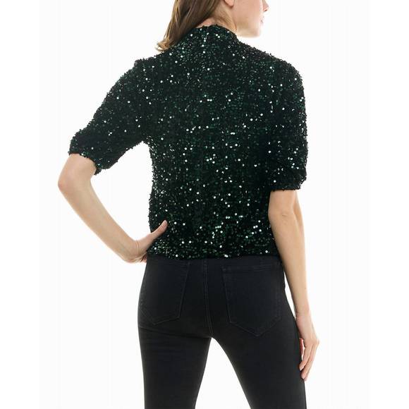NEW NICOLE MILLER ava velvet sequin short sleeve top in emerald - Picture 2 of 3